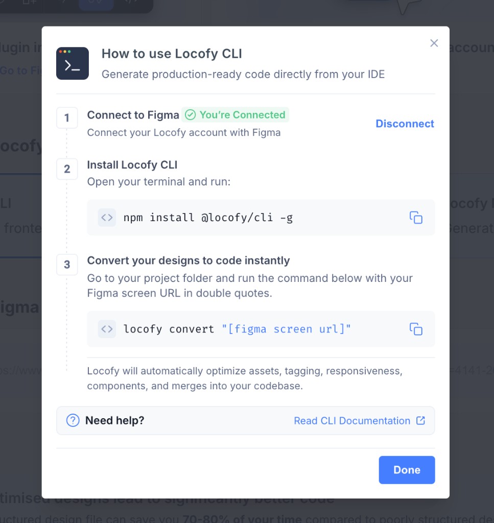 How to use Locofy CLI setup guide with Figma connected, install command, and convert command