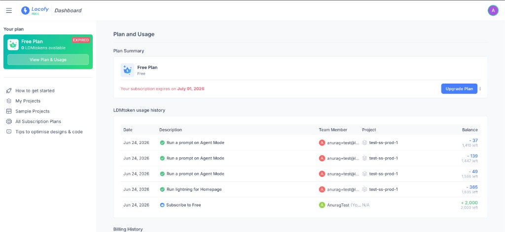 Locofy Dashboard Plan and Usage page showing plan summary, LDMtoken usage history, and billing history