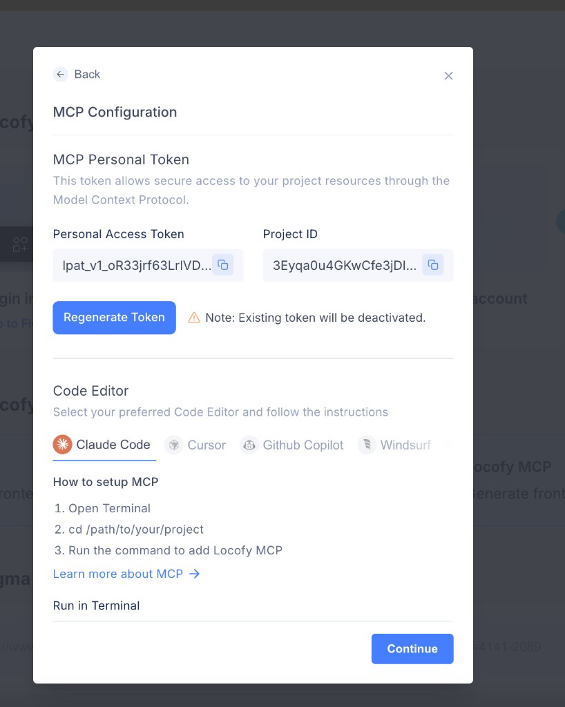 MCP Configuration modal with personal access token, project ID, and code editor setup