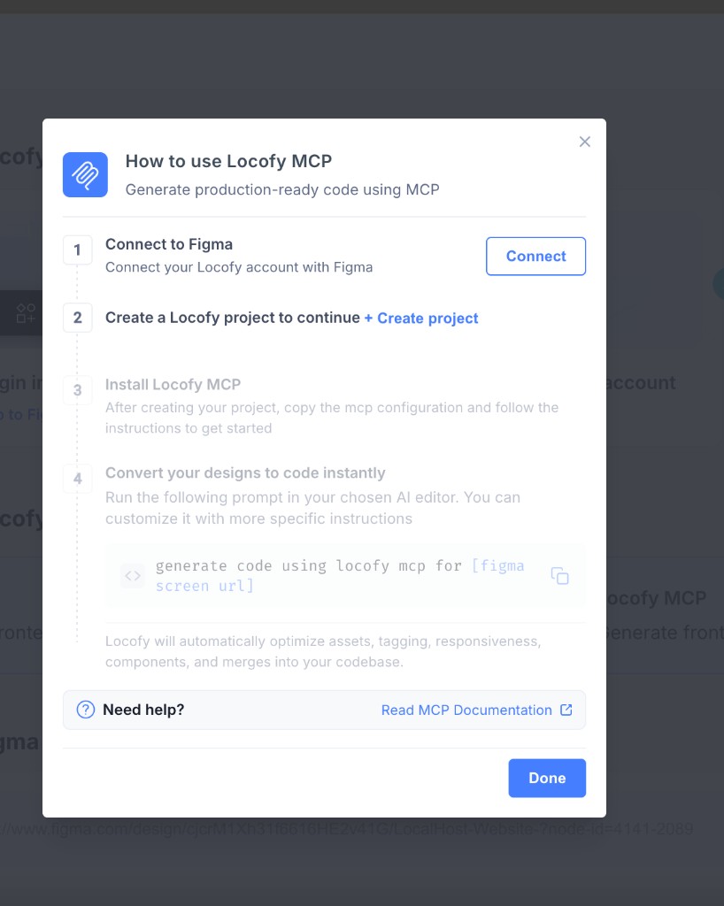 How to use Locofy MCP setup flow in the Locofy dashboard