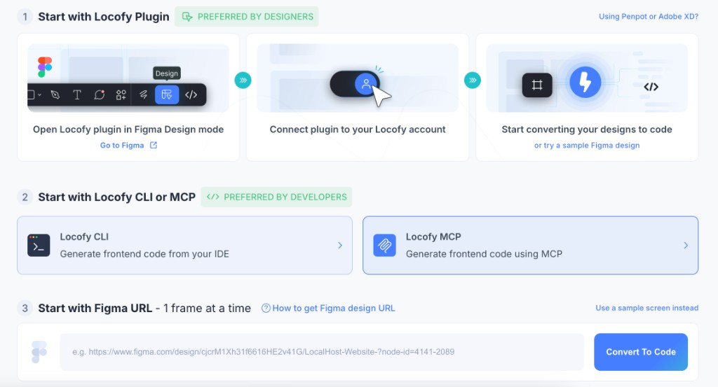 Locofy dashboard showing Locofy MCP workflow selection under Start with Locofy CLI or MCP
