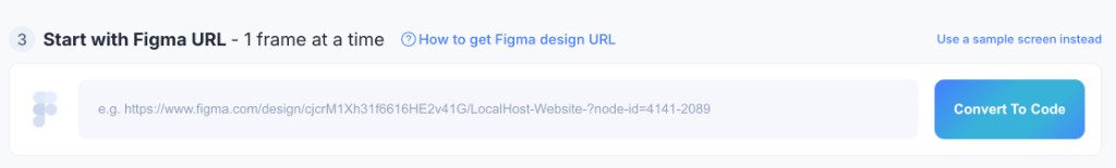 Locofy dashboard Start with Figma URL section with URL input and Convert To Code button